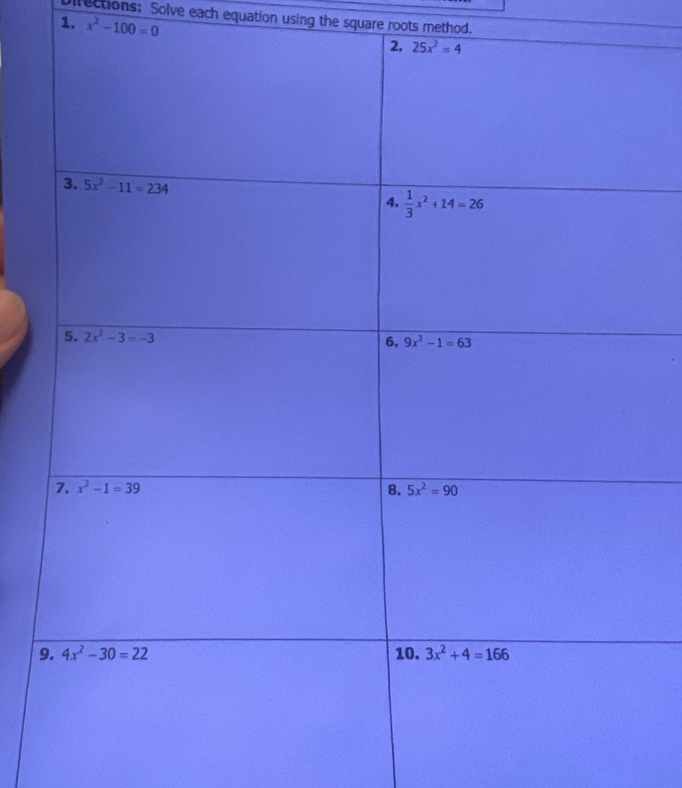 irections: Solve each equation using the square roots method.
1. x^2-100=0