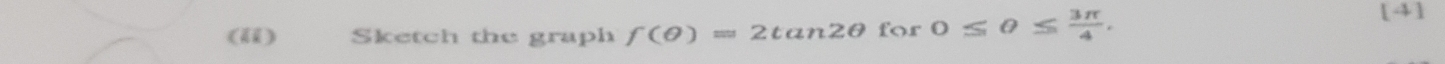 (ii) Sketch the graph f(θ )=2tan 2θ for0≤ θ ≤  3π /4 . 
[4]