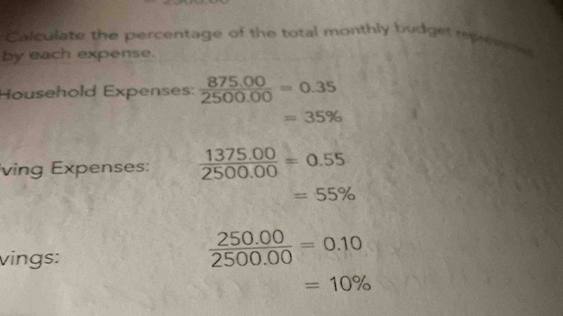 Calculate the percentage of the total monthly budget repiee 
by each expense. 
Household Expenses:  (875.00)/2500.00 =0.35
=35%
iving Expenses:  (1375.00)/2500.00 =0.55
=55%
vings:
 (250.00)/2500.00 =0.10
=10%