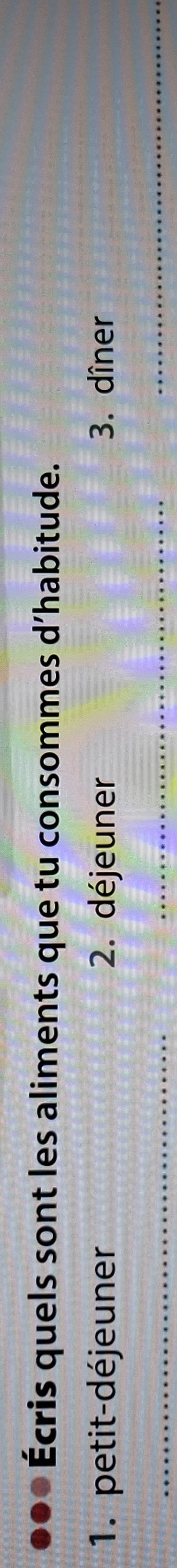 ●●● Écris quels sont les aliments que tu consommes d’habitude. 
1. petit-déjeuner 2. déjeuner 3. dîner 
_ 
_ 
_