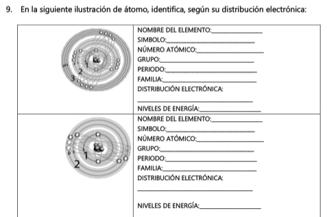 En la siguiente ilustración de átomo, identifica, según su distribución electrónica: 
NOMBRE DEL ELEMENTO:_ 
SIMBOLO:_ 
o O nÚMERO ATÓMICO:_ 
K GRUPO:_ 
2 o0 PERIODO:_ 
a FAMILIA:_ 
DISTRIBUCIÓN ELECTRÓNICA: 
_ 
nivelEs DE ENERgíA:_ 
NOMBRE DEL ELEMENTO:_ 
SIMBOLO:_ 
o o nÚMERO ATÓMICO:_ 
GRUPO:_ 
2 o o o PERIODO:_ 
FAMILIA:_ 
DISTRIBUCIÓN ELECTRÓNICA: 
_ 
nivelES DE ENErgíA: 
_