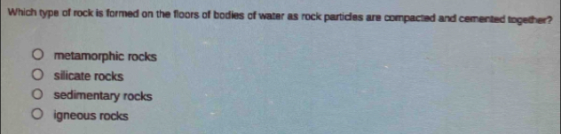 Which type of rock is formed on the floors of bodies of water as rock particles are compacted and cemented together?
metamorphic rocks
silicate rocks
sedimentary rocks
igneous rocks