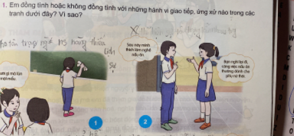 Em đồng tinh hoặc không đồng tình với những hành vì giao tiếp, ứng xử nào trong các
tranh dưới đây? Vi sao?
Sow nay minh
thích làm nghệ suān
Bạn nghi lọi đi,
ười gi mộ lận
thuờng dànt che tông vộc nữu àa
ột mẫu phly ne the .
1 2
0