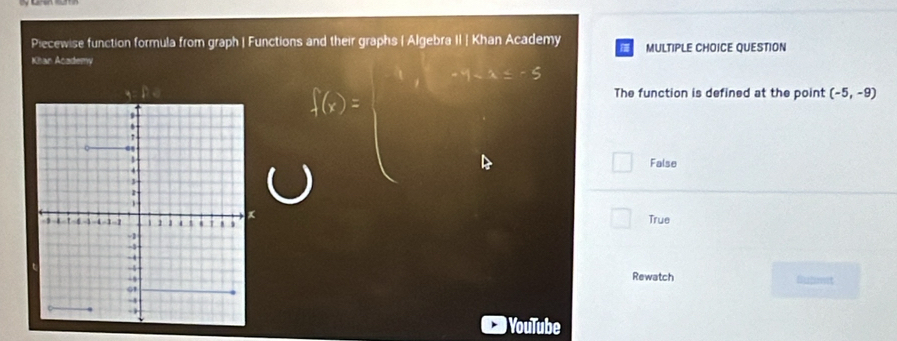 Piecewise function formula from graph | Functions and their graphs | Algebra II | Khan Academy MULTIPLE CHOICE QUESTION
Khan Academy
The function is defined at the point (-5,-9)
False
True
Rewatch Bubmit
YouTube