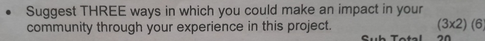 Suggest THREE ways in which you could make an impact in your 
community through your experience in this project. (3* 2)(6)
Sub Tetal 2 0