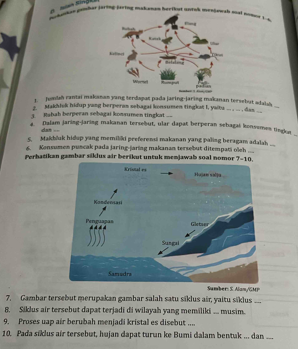 Isian Singk 
Pekankan gambar jaring-jaring makanan berikut untuk menjawa soal nomor 1-6 
1. Jumlah rantai makanan yang terdapat pada jaring-jaring makanan tersebut adalah ... 
2. Makhluk hidup yang berperan sebagai konsumen tingkat I, yaitu ... , ... , dan .... 
3. Rubah berperan sebagai konsumen tingkat .... 
4. Dalam jaring-jaring makanan tersebut, ular dapat berperan sebagai konsumen tingkat ... 
dan .... 
5. Makhluk hidup yang memiliki preferensi makanan yang paling beragam adalah .... 
6. Konsumen puncak pada jaring-jaring makanan tersebut ditempati oleh .... 
Perhatikan gambar siklus air berikut untuk menjawab soal nomor 7-10. 
Sumber: S. Alam/GMP 
7. Gambar tersebut merupakan gambar salah satu siklus air, yaitu siklus .... 
8. Siklus air tersebut dapat terjadi di wilayah yang memiliki ….. musim. 
9. Proses uap air berubah menjadi kristal es disebut .... 
10. Pada siklus air tersebut, hujan dapat turun ke Bumi dalam bentuk ... dan ....