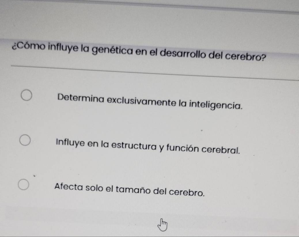 ¿Cómo influye la genética en el desarrollo del cerebro?
Determina exclusivamente la inteligencia.
Influye en la estructura y función cerebral.
Afecta solo el tamaño del cerebro.