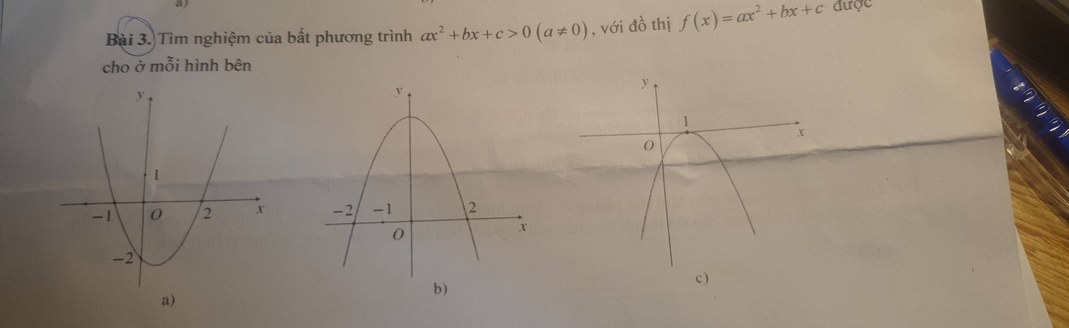 Tìm nghiệm của bất phương trình ax^2+bx+c>0(a!= 0) , với đồ thị f(x)=ax^2+bx+c được
cho ở mỗi hình bên