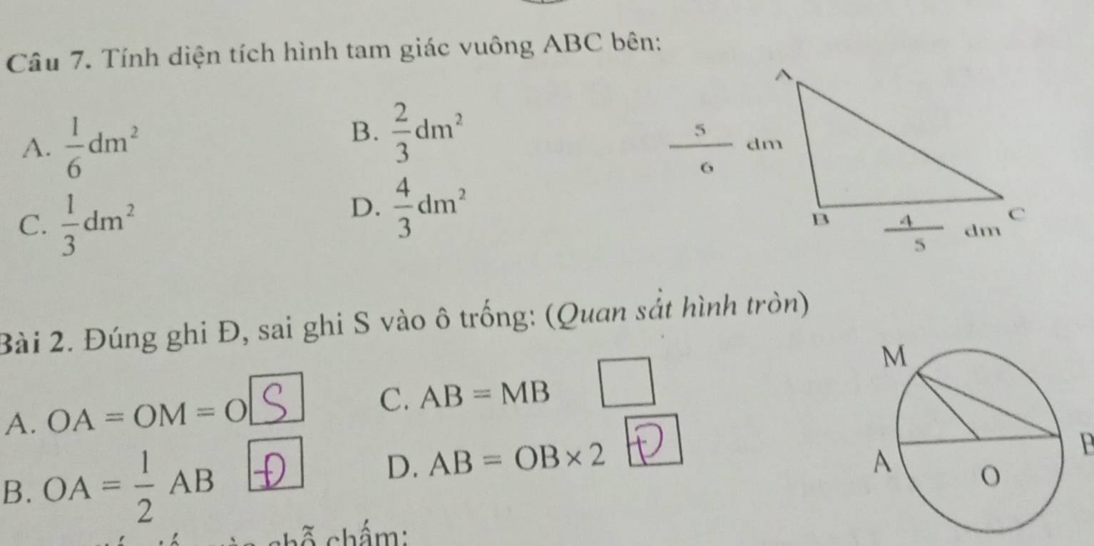 Tính diện tích hình tam giác vuông ABC bên:
B.  2/3 dm^2
A.  1/6 dm^2
C.  1/3 dm^2
D.  4/3 dm^2
Bài 2. Đúng ghi Đ, sai ghi S vào ô trống: (Quan sắt hình tròn)
A. OA=OM=O
C. AB=MB □
D. AB=OB* 2
B. OA= 1/2 AB
P
shỗ shẩm: