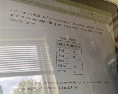 Nolign - The sh in * S 
A spinner is divided into five colored sections that are not of equal size: resdl, bla 
recorded below: 
green, yellow, and purple. The spinner is spun several times, and the results ar 
Based on these res ults, express the probability that the next spin will land on blue 
on green or puple as a fraction in simplest form.