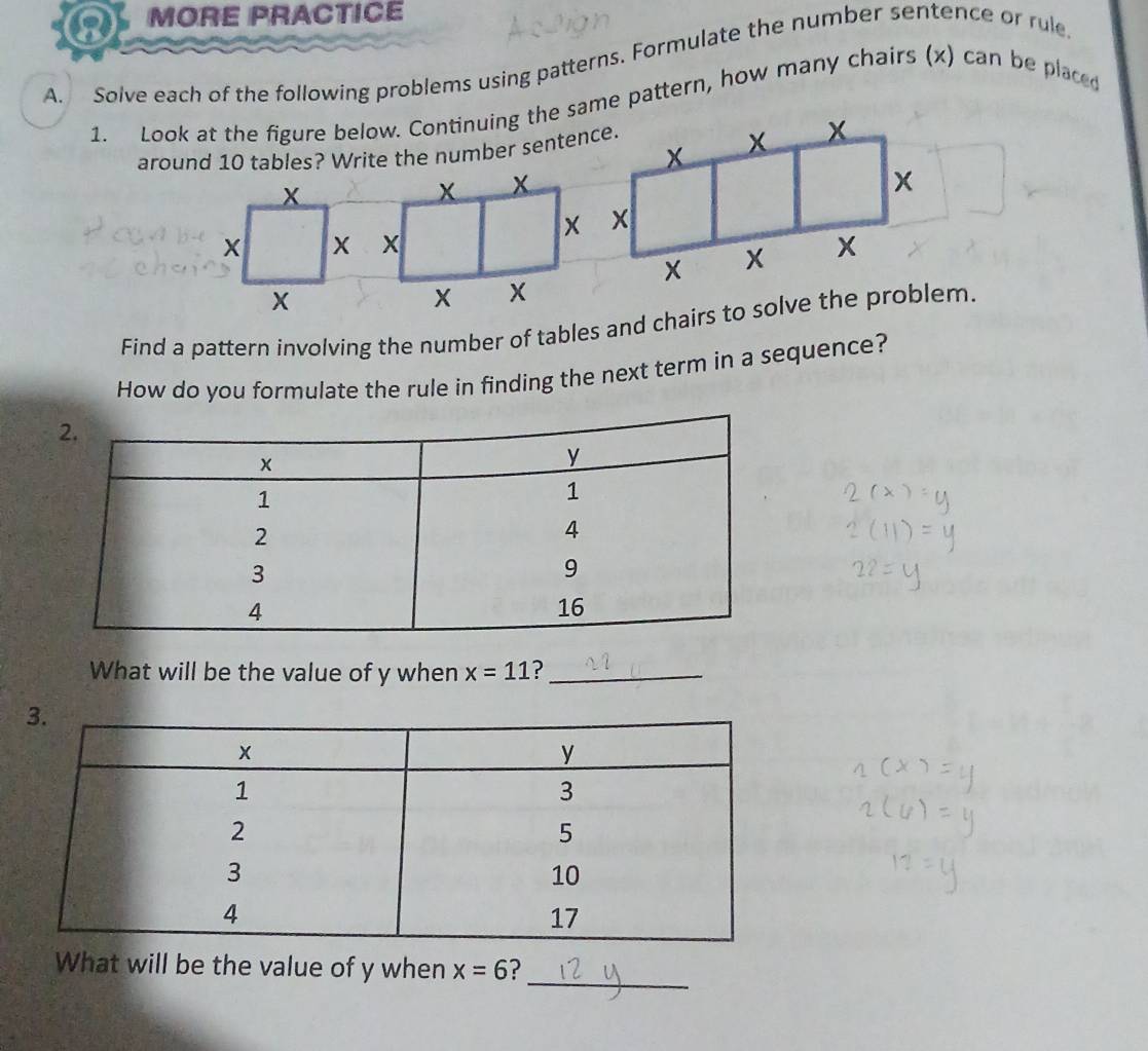 MORE PRACTICE 
A. Solve each of the following problems using patterns. Formulate the number sentence or rule 
1. Look at the figure below. Continuing the same pattern, how many chairs (x) can be placed
x x x
around 10 tables? Write the number sentence.
X
x x
x
x × 
× x
X x x
x
X
Find a pattern involving the number of tables and chairs to solve the problem. 
How do you formulate the rule in finding the next term in a sequence? 
What will be the value of y when x=11 ?_ 
What will be the value of y when x=6 _