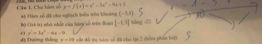 Cho hàm số y=f(x)=x^3-3x^2-9x+5. 
a) Hàm số đã cho nghịch biến trên khoảng (-3;1). 
b) Giá trị nhỏ nhất của hàm số trên đoạn [-1;3] bằng -22. 
c) y'=3x^2-6x-9
d) Đường thắng y=10 cất đồ thị hàm số đã cho tại 2 điểm phần biệt.