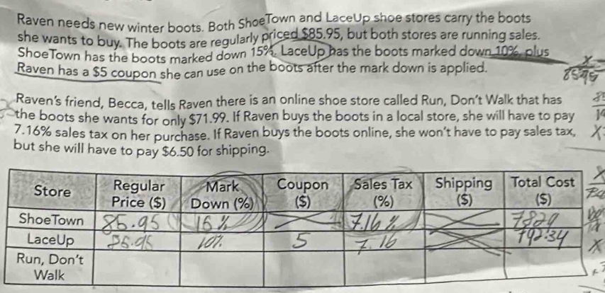 Raven needs new winter boots. Both ShoeTown and LaceUp shoe stores carry the boots 
she wants to buy. The boots are regularly priced $85.95, but both stores are running sales. 
ShoeTown has the boots marked down 15%. LaceUp has the boots marked down 10%, plus 
Raven has a $5 coupon she can use on the boots after the mark down is applied. 
Raven’s friend, Becca, tells Raven there is an online shoe store called Run, Don’t Walk that has 
the boots she wants for only $71.99. If Raven buys the boots in a local store, she will have to pay
7.16% sales tax on her purchase. If Raven buys the boots online, she won’t have to pay sales tax, 
but she will have to pay $6.50 for shipping.