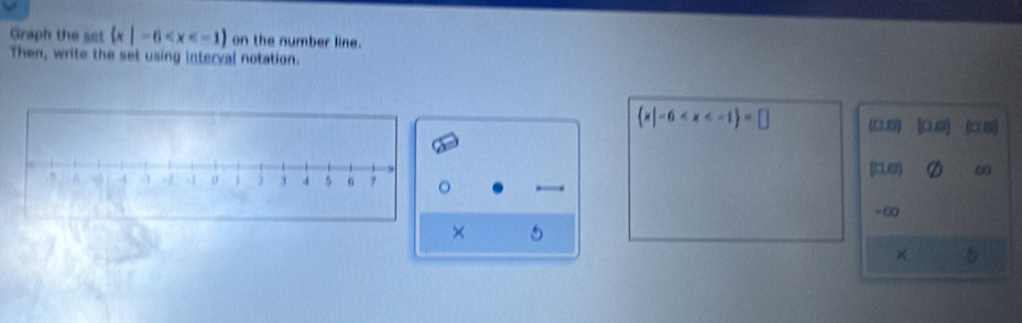 Graph the set  x|-6 on the number line. 
Then, write the set using interval notation.
 x|-6 (0,8) [0,6) (0 ()
。 [0,e) ω
-∞
× 5
x 5