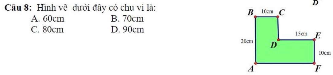 Hình vẽ dưới đây có chu vi là:
A. 60cm B. 70cm
C. 80cm D. 90cm