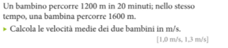 Un bambino percorre 1200 m in 20 minuti; nello stesso 
tempo, una bambina percorre 1600 m. 
Calcola le velocità medie dei due bambini in m/s.
[1,0 m/s, 1,3 m/s ]