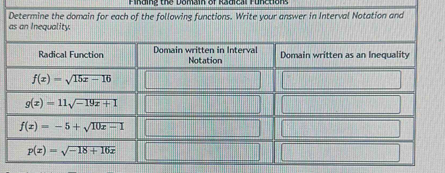 Finding the Domain of Radical Functions
Determine the domain for each of the following functions. Write your answer in Interval Notation and