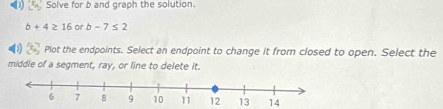 Solve for b and graph the solution,
b+4≥ 16 or b-7≤ 2
Plot the endpoints. Select an endpoint to change it from closed to open. Select the 
middle of a segment, ray, or line to delete it.
14