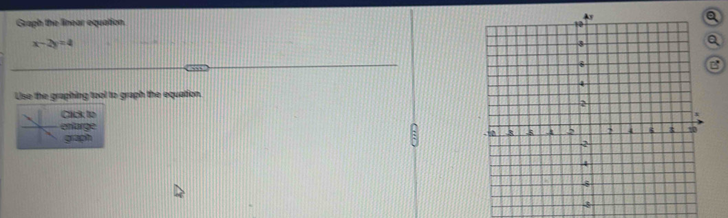 Graph the linear equation.
x-2y=4
B 
Use the graphing tool to graph the equation. 
Cack to 
enfarge