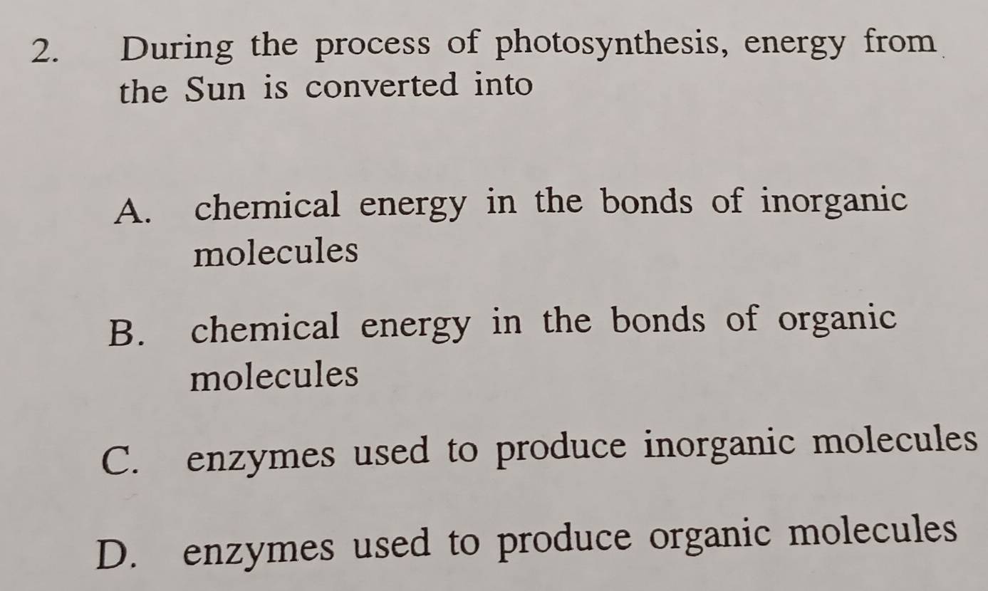 During the process of photosynthesis, energy from
the Sun is converted into
A. chemical energy in the bonds of inorganic
molecules
B. chemical energy in the bonds of organic
molecules
C. enzymes used to produce inorganic molecules
D. enzymes used to produce organic molecules