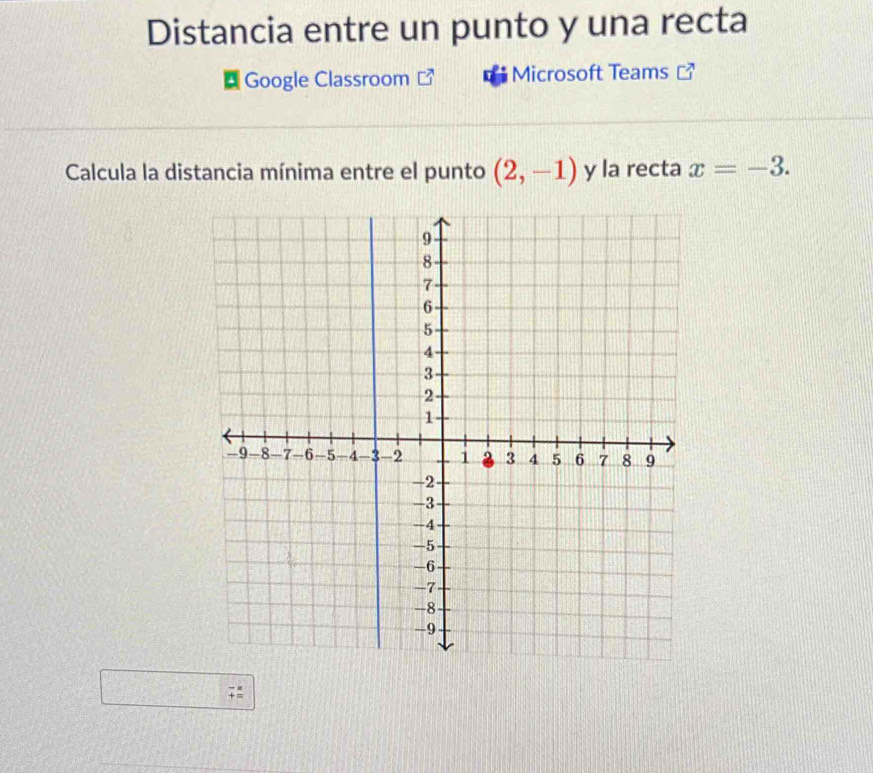 Distancia entre un punto y una recta 
Google Classroom Microsoft Teams 
Calcula la distancia mínima entre el punto (2,-1) y la recta x=-3.