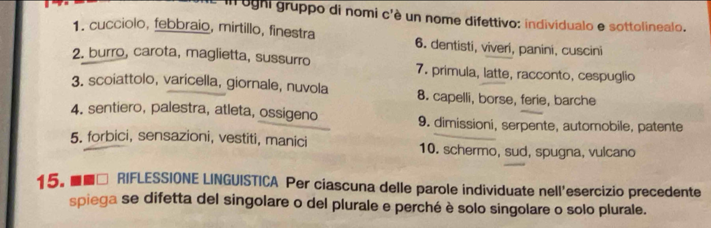 in oghi gruppo di nomi c'è un nome difettivo: individualo e sottolinealo. 
1. cucciolo, febbraio, mirtillo, finestra 
6. dentisti, viveri, panini, cuscini 
2. burro, carota, maglietta, sussurro 
7. primula, latte, racconto, cespuglio 
3. scoiattolo, varicella, giornale, nuvola 
8. capelli, borse, ferie, barche 
4. sentiero, palestra, atleta, ossigeno 
9. dimissioni, serpente, automobile, patente 
5. forbici, sensazioni, vestiti, manici 
10. schermo, sud, spugna, vulcano 
15. ■■□ RIFLESSIONE LINGUISTICA Per ciascuna delle parole individuate nell'esercizio precedente 
spiega se difetta del singolare o del plurale e perché è solo singolare o solo plurale.