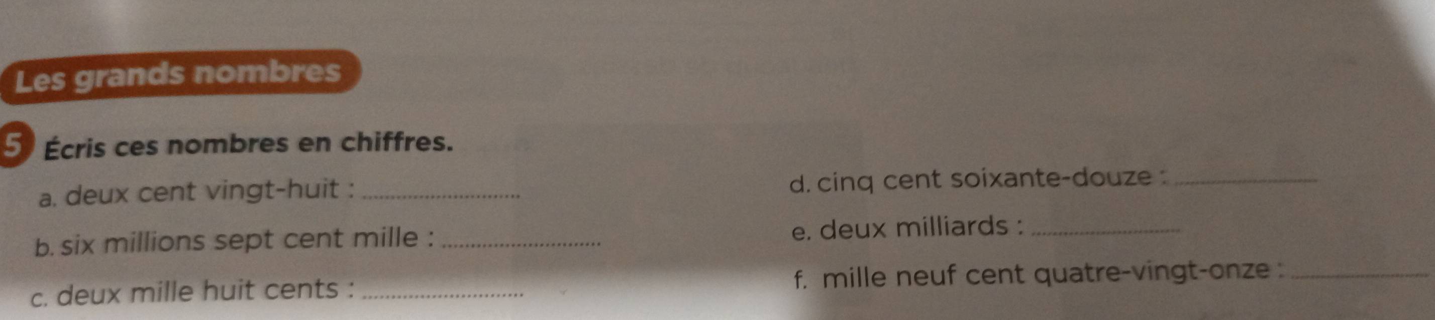 Les grands nombres 
5 Écris ces nombres en chiffres. 
a. deux cent vingt-huit : _d. cinq cent soixante-douze :_ 
b. six millions sept cent mille : _e. deux milliards :_ 
c. deux mille huit cents : _f. mille neuf cent quatre-vingt-onze :_