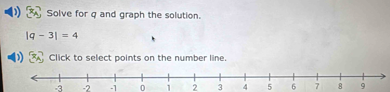 Solve for q and graph the solution.
|q-3|=4
) Click to select points on the number line.
-3 -2 -1 0 1 2 3 4 5