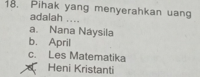 Pihak yang menyerahkan uang
adalah ....
a. Nana Náysila
b. April
c. Les Matematika
Heni Kristanti