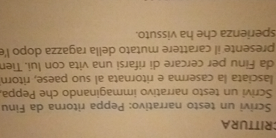 CRITTURA 
Scrivi un testo narrativo: Peppa ritorna da Finu 
Scrivi un testo narrativo immaginando che Peppa, 
lasciata la caserma e ritornata al suo paese, ritorn 
da Finu per cercare di rifarsi una vita con lui. Tien 
presente il carattere mutato della ragazza dopo l'e 
sperienza che ha vissuto.
