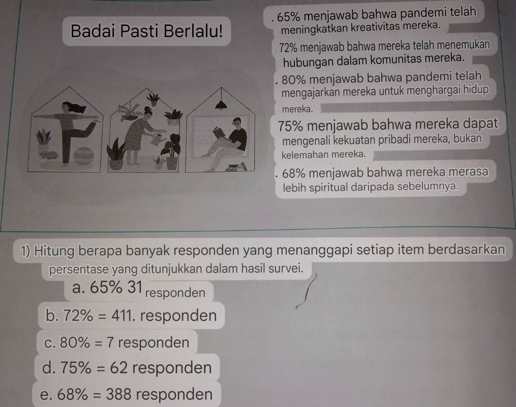 65% menjawab bahwa pandemi telah
Badai Pasti Berlalu! meningkatkan kreativitas mereka.
72% menjawab bahwa mereka telah menemukan
hubungan dalam komunitas mereka.
80% menjawab bahwa pandemi telah
mengajarkan mereka untuk menghargai hidup 
mereka.
75% menjawab bahwa mereka dapat
mengenali kekuatan pribadi mereka, bukan
kelemahan mereka.
68% menjawab bahwa mereka merasa
lebih spiritual daripada sebelumnya.
1) Hitung berapa banyak responden yang menanggapi setiap item berdasarkan
persentase yang ditunjukkan dalam hasil survei.
a. 65% 31 responden
b. 72% =411. responden
C. 80% =7 responden
d. 75% =62 responden
e. 68% =388 responden