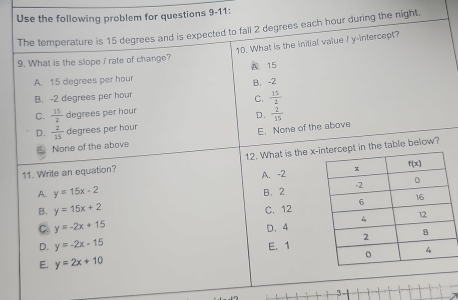 Use the following problem for questions 9-11:
The temperature is 15 degrees and is expected to fall 2 degrees each hour during the night.
10. What is the initial value I y-intercept?
9. What is the slope / rate of change?
A. 15 degrees per hour A 15 B. -2
B. -2 degrees per hour
C.  15/2 
C.  15/2  degrees per hour
D.  2/15 
D.  2/15  degrees per hour
E. None of the above
None of the above
11. Write an equation? 12. What is the x in the table below?
A. -2
A. y=15x-2 B. 2
B. y=15x+2 C. 12
C y=-2x+15
D. 4
D. y=-2x-15
E. 1
E. y=2x+10
3-1