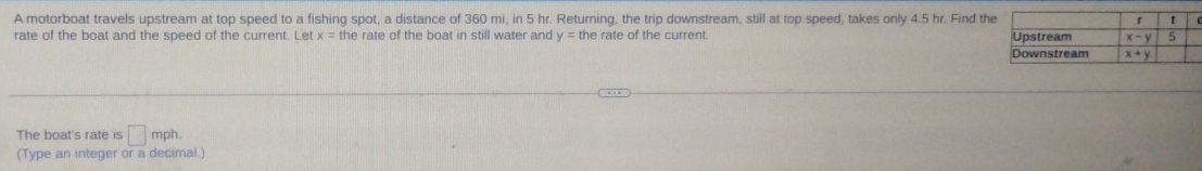 A motorboat travels upstream at top speed to a fishing spot, a distance of 360 mi, in 5 hr. Returning, the trip downstream, still at top speed, takes only 4.5 hr. Find th
rate of the boat and the speed of the current. Let x=the rate of the boat in still water and y=t he rate of the current. 
The boat's rate is □ m ph.
(Type an integer or a decimal.)