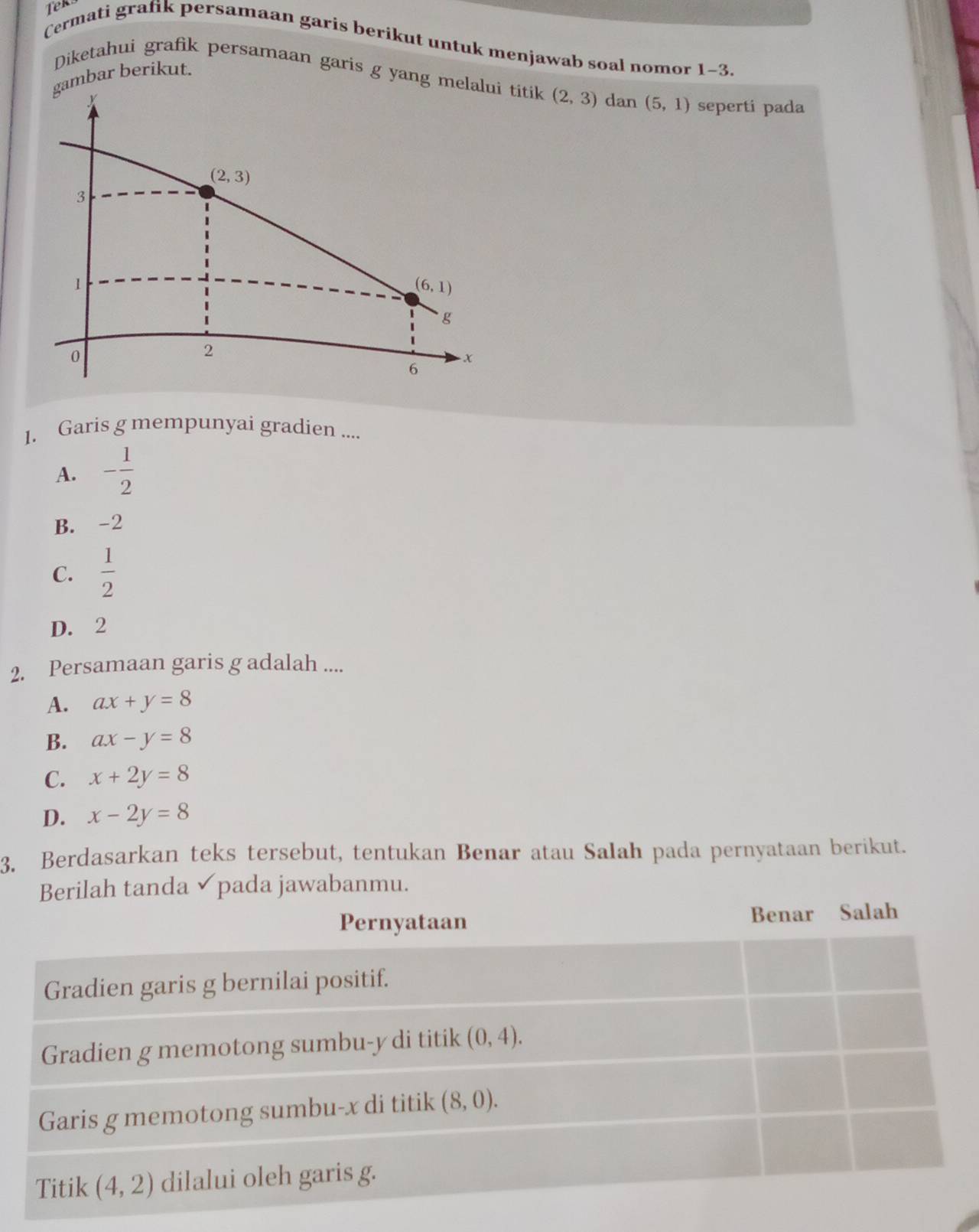 Cermati grafik persamaan garis berikut untuk menjawab soal nomor 1~3.
mbar berikut.
Diketahui grafik persamaan garis g yang mei titik (2,3) dan (5,1) seperti pada
1. Garis g mempunyai gradien ....
A. - 1/2 
B. -2
C.  1/2 
D. 2
2. Persamaan garis g adalah ....
A. ax+y=8
B. ax-y=8
C. x+2y=8
D. x-2y=8
3. Berdasarkan teks tersebut, tentukan Benar atau Salah pada pernyataan berikut.
anmu.