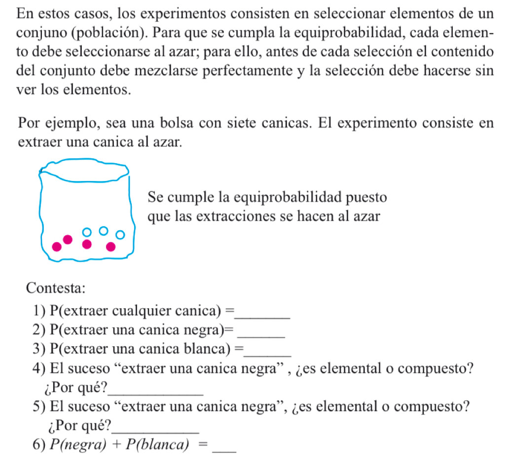 En estos casos, los experimentos consisten en seleccionar elementos de un 
conjuno (población). Para que se cumpla la equiprobabilidad, cada elemen- 
to debe seleccionarse al azar; para ello, antes de cada selección el contenido 
del conjunto debe mezclarse perfectamente y la selección debe hacerse sin 
ver los elementos. 
Por ejemplo, sea una bolsa con siete canicas. El experimento consiste en 
extraer una canica al azar. 
Se cumple la equiprobabilidad puesto 
que las extracciones se hacen al azar 
Contesta: 
1) P(extraer cualquier canica) =_ 
2) P(extraer una canica negra)=_ 
3) P(extraer una canica blanca) =_ 
4) El suceso “extraer una canica negra” , ¿es elemental o compuesto? 
¿Por qué?_ 
5) El suceso “extraer una canica negra”, ¿es elemental o compuesto? 
¿Por qué?_ 
6) P(negra) + P(blanca) =_ 