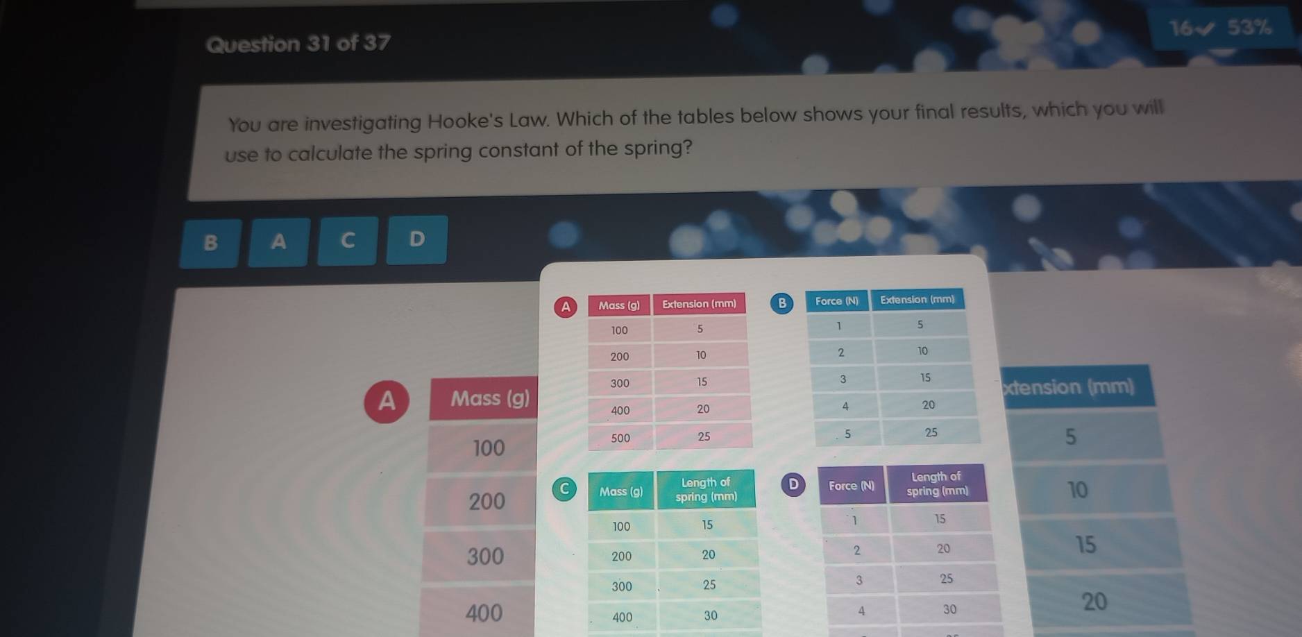 16√ 53% 
You are investigating Hooke's Law. Which of the tables below shows your final results, which you will 
use to calculate the spring constant of the spring? 
B A C D 


A Mass (g) 
xtension (mm)

100

5
D
200 C
10

300
15

400
20