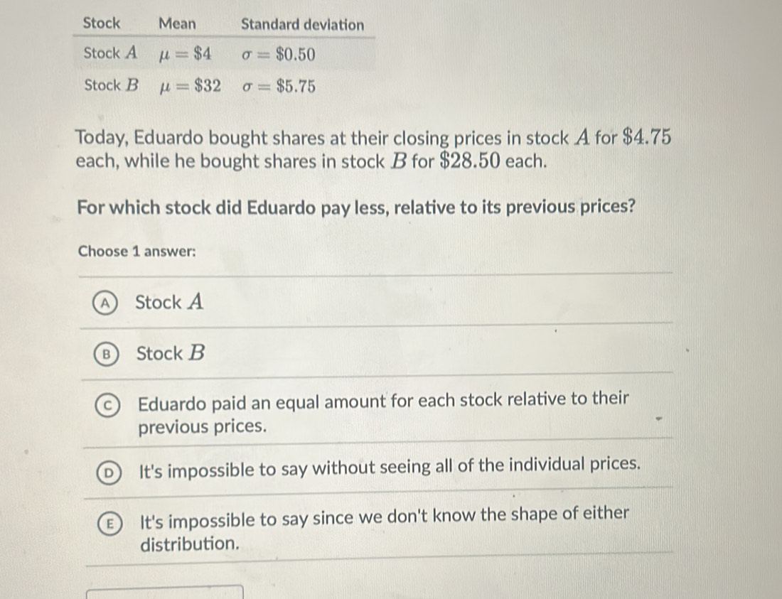 Solved: Today, Eduardo bought shares at their closing prices in stock A ...