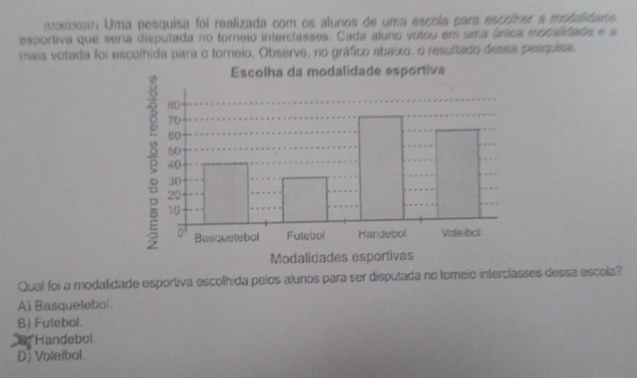 s37 Uma pesquisa foi realizada com os alunos de uma escola para escolner a medaidade
esportiva que seria disputada no torneio interclasses, Cada aluno votou em uma única modalidade e a
mais votada foi escolhida para o torneio. Observe, no gráfico abaixo, o resultado dessa pesquísa.
Qual foi a modalidade esportiva escolhida pelos alunos para ser disputada no tomeio interclasses dessa escola?
A) Basquetebol.
B) Futebol.
Handebol
D) Voleibol.