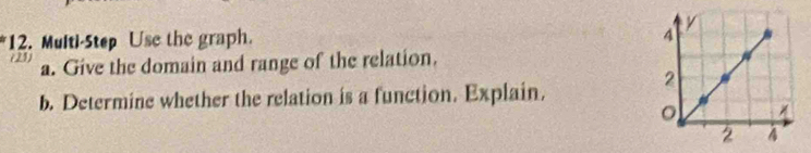 Multi-Step Use the graph. 
(25) a. Give the domain and range of the relation. 
b. Determine whether the relation is a function. Explain.