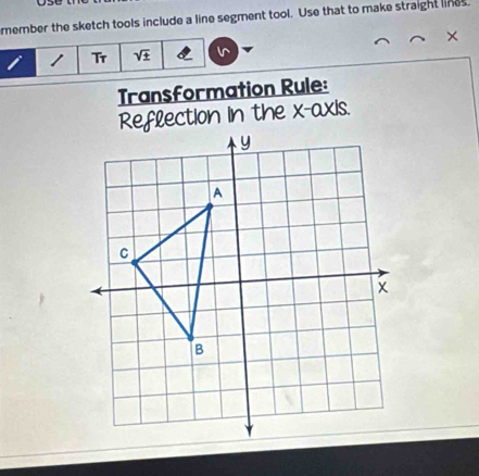 member the sketch tools include a line segment tool. Use that to make straight lines 
× 
Tr sqrt(± )
Transformation Rule: 
Reflection in the x-axis.