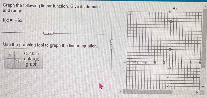 Graph the following linear function. Give its domain 
and range.
f(x)=-6x
Use the graphing tool to graph the linear equation. 
Click to 
enlarge 
graph