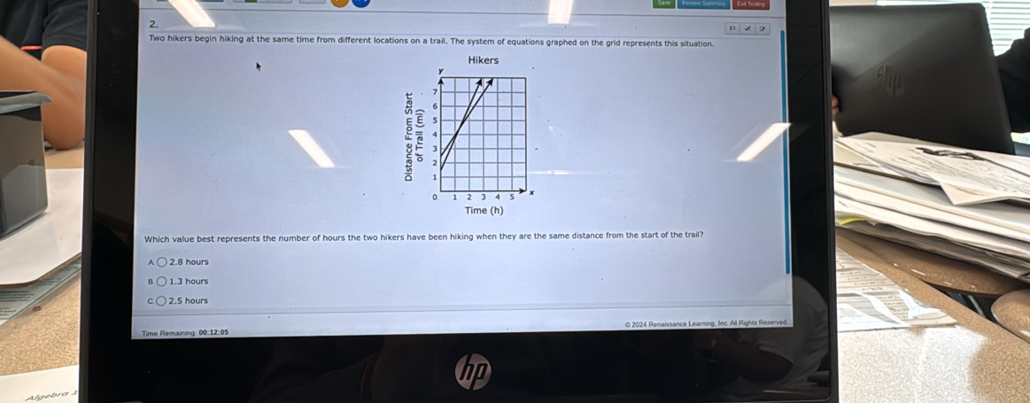 Two hikers begin hiking at the same time from different locations on a trail. The system of equations graphed on the grid represents this situation.
Hikers
E 
Time (h)
Which value best represents the number of hours the two hikers have been hiking when they are the same distance from the start of the trail?
2.8 hours
1.3 hours
2.5 hours
Time Remaining 00:12:05 © 2024 Renaissance Learning, Inc. All Rights Reserved
Algebra 1