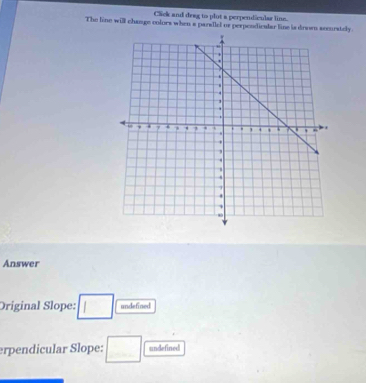 Click and deag to plot a perpendicular line.
The line will change colors when a parallel or perpendicular line is drow securately.
Answer
Original Slope: □ undefined
erpendicular Slope: □ undefined