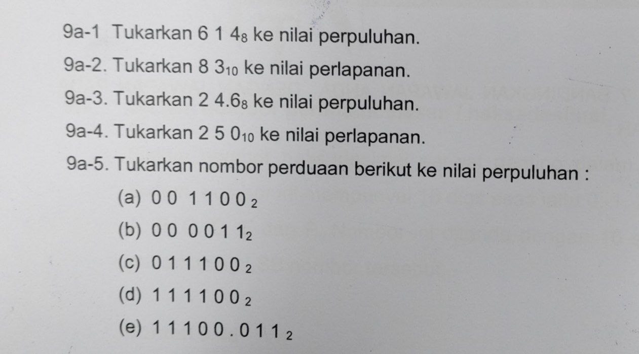 9a-1 Tukarkan 6 1 4₈ ke nilai perpuluhan.
a-2 2. Tukarkan 83_10 ke nilai perlapanan.
9a-3. Tukarkan 2 4.6_8 ke nilai perpuluhan.
9a-4. Tukarkan 250_10 ke nilai perlapanan. 
9a-5. Tukarkan nombor perduaan berikut ke nilai perpuluhan : 
(a) 001100_2
(b) 000011_2
(c) 011100_2
(d) 111100_2
(e) 11100.011_2