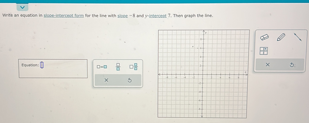 Write an equation in slope-intercept form for the line with slope −8 and y-intercept 7. Then graph the line. 
_ _ 7x 
Equation: X
□ =□  □ /□   □  □ /□  