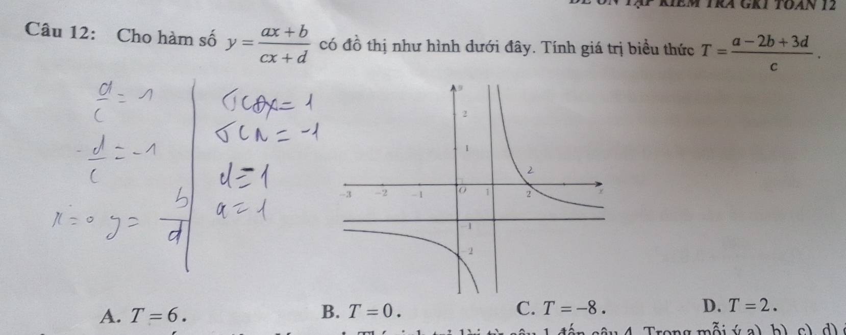 KIEM TRA GKI TOAN 12
Câu 12: Cho hàm số y= (ax+b)/cx+d  có đồ thị như hình dưới đây. Tính giá trị biểu thức T= (a-2b+3d)/c .
A. T=6. B. T=0. C. T=-8. D. T=2. 
S ế n sâu 4. Trong mỗi (7a) b c d