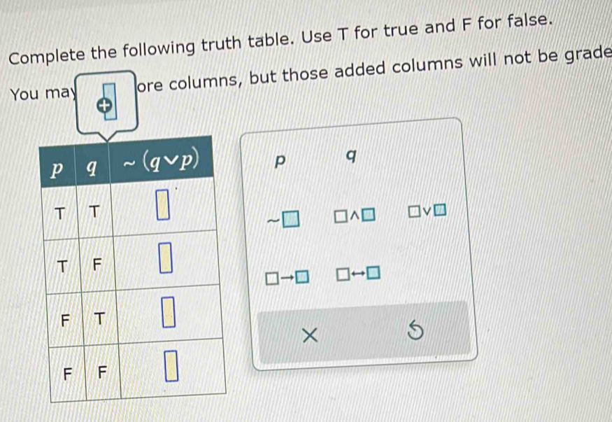 Complete the following truth table. Use T for true and F for false.
You may ore columns, but those added columns will not be grade
p q
sim □ □ wedge □ □ v□
□ -
×