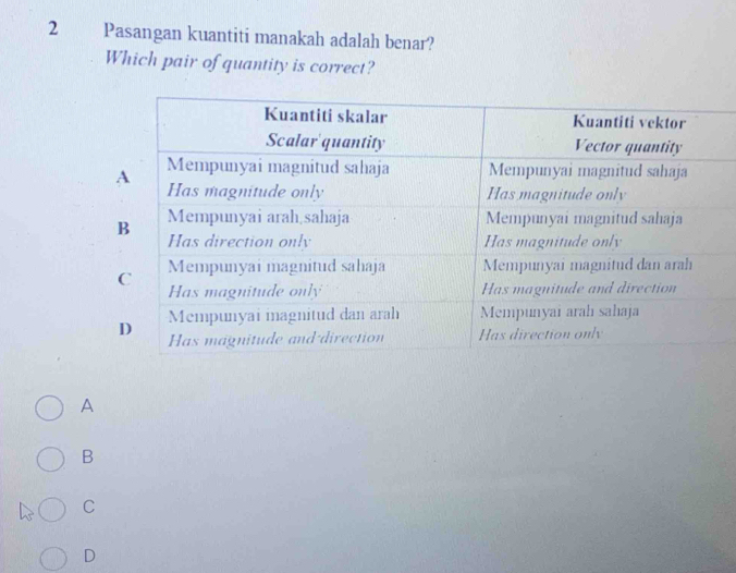 Pasangan kuantiti manakah adalah benar?
Which pair of quantity is correct?
A
B
C
D