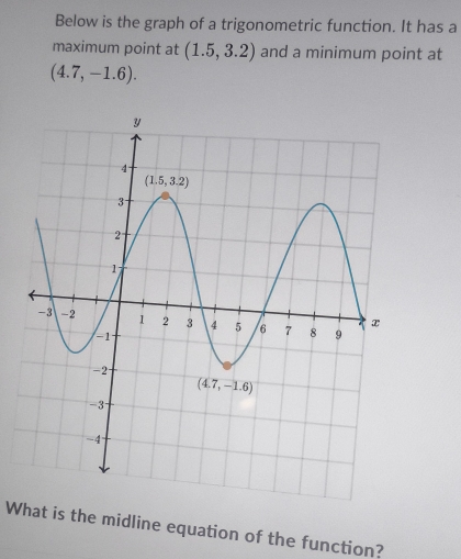 Below is the graph of a trigonometric function. It has a
maximum point at (1.5,3.2) and a minimum point at
(4.7,-1.6).
What is the midline equation of the function?