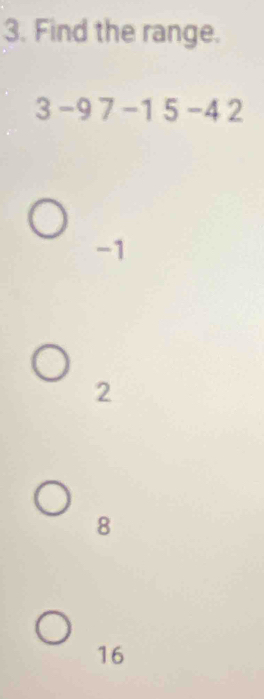 Find the range.
3-97-15-42
-1
2
8
16